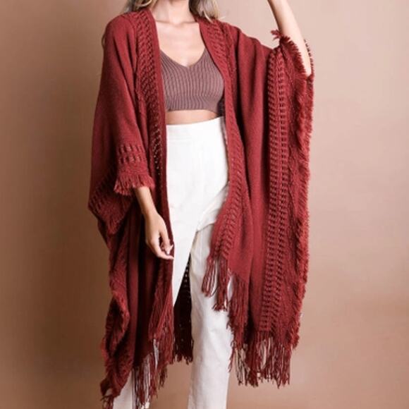 Rust Open Work Frayed Border Bohemian Ruana Shawl Wrap - Picture 1 of 3